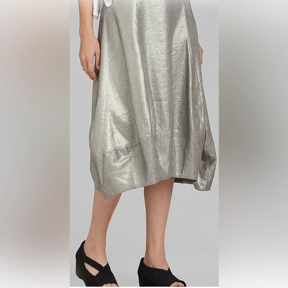 NWOT Eileen Fisher Silver Metallic Linen Blend Lantern Skirt Size L - Picture 5 of 13